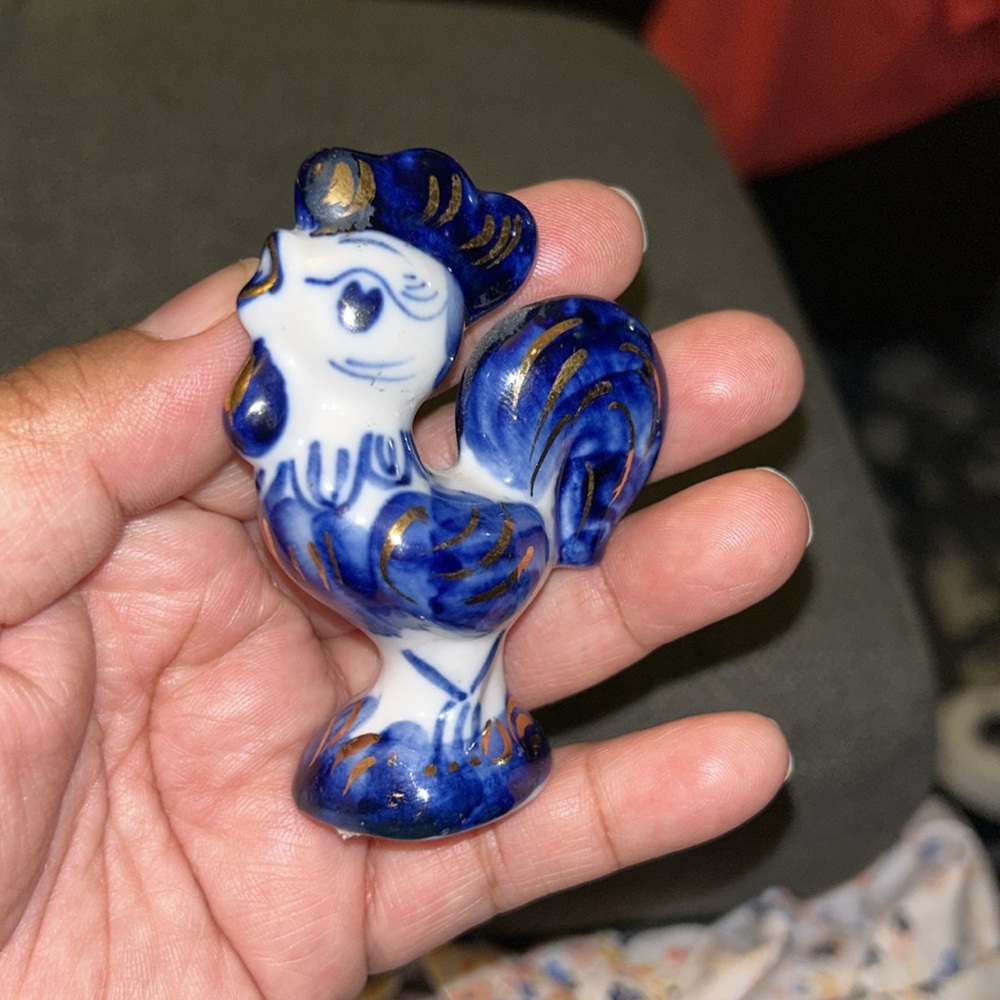 Vintage Russian Gzhel Porcelain Figurine rooster Cobalt Blue & Gold - Picture 3 of 7